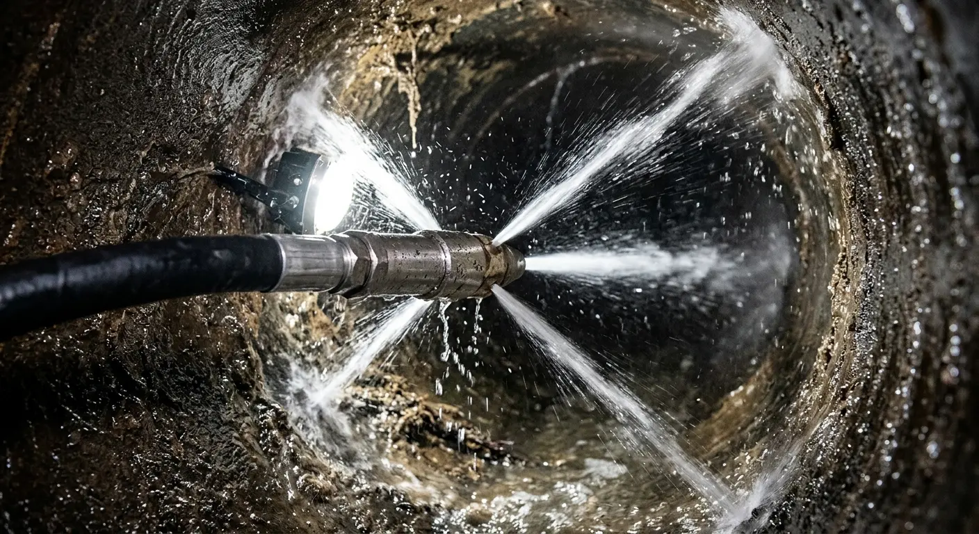 High-pressure hydro jetting nozzle cleaning sewer pipe for Sewer Cleanout in Hellertown