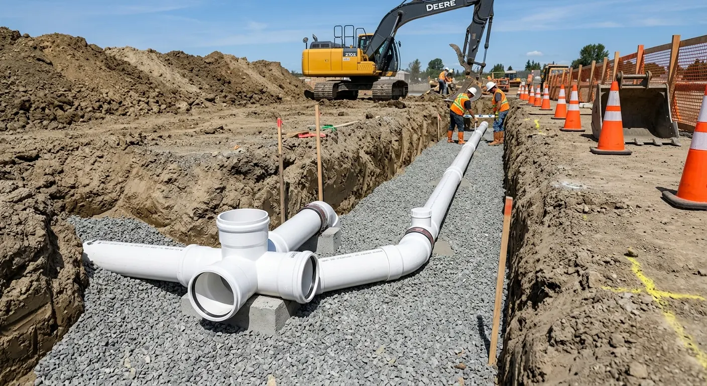 New PVC sewer pipe installation in open trench for Sewer Backup in Hellertown