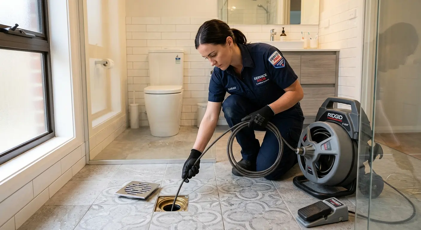 Technician clearing a bathroom floor drain for Clogged Drain Repair in Hellertown